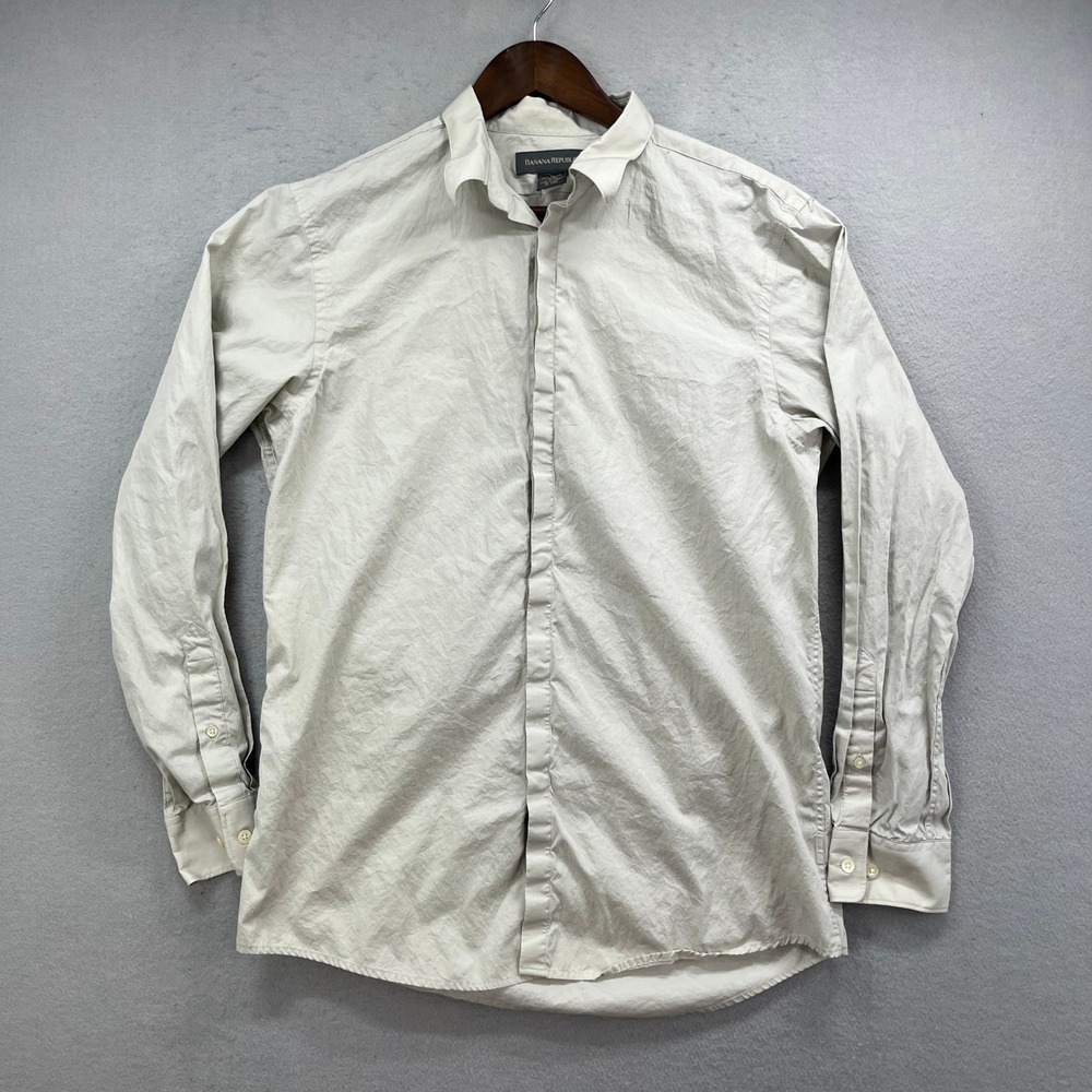 Banana Republic Shirt Mens‎ Medium Tan Cotton Long Sleeve Hidden Button Up Y2K